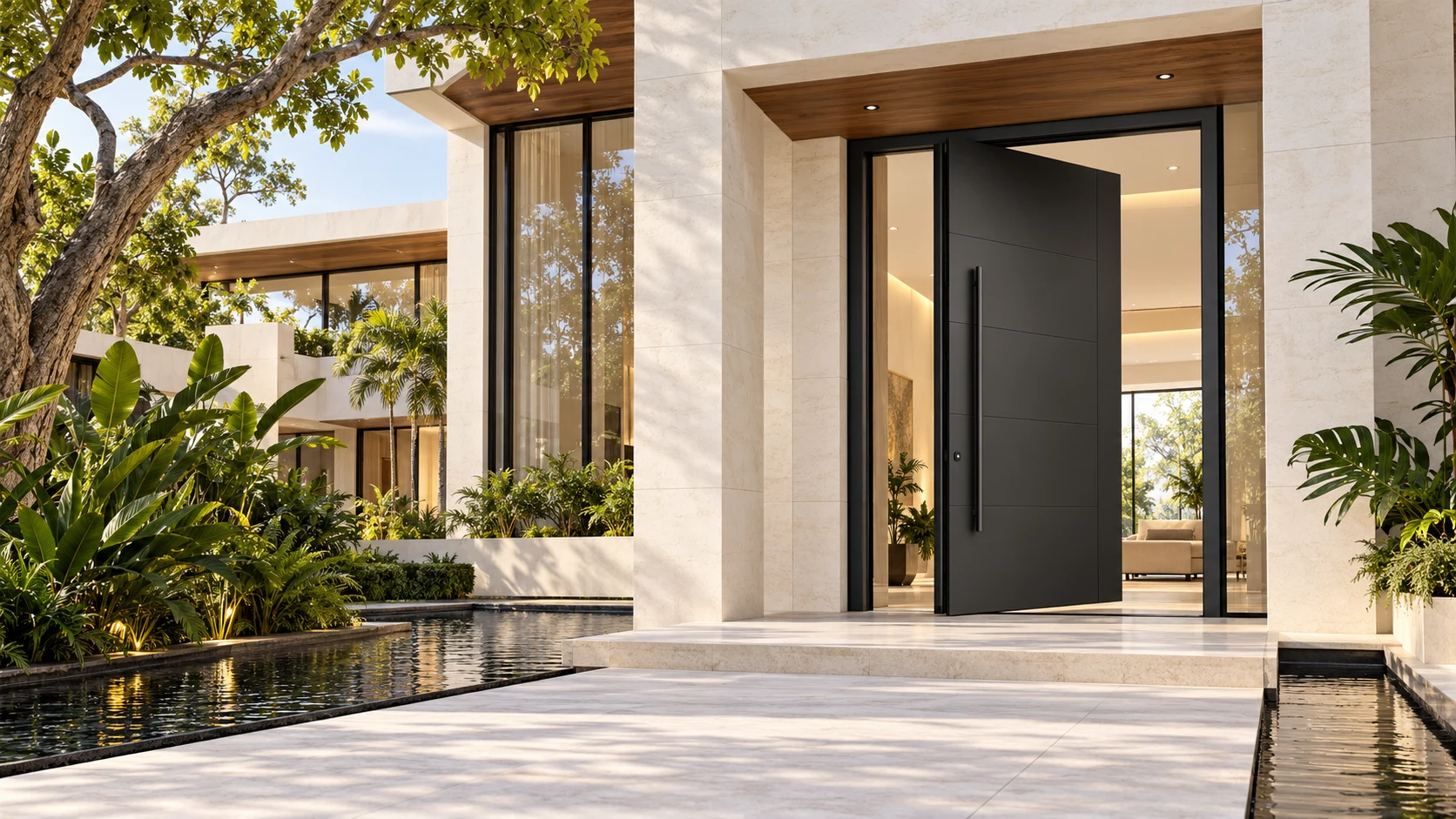 Charcoal pivot door in limestone architecture