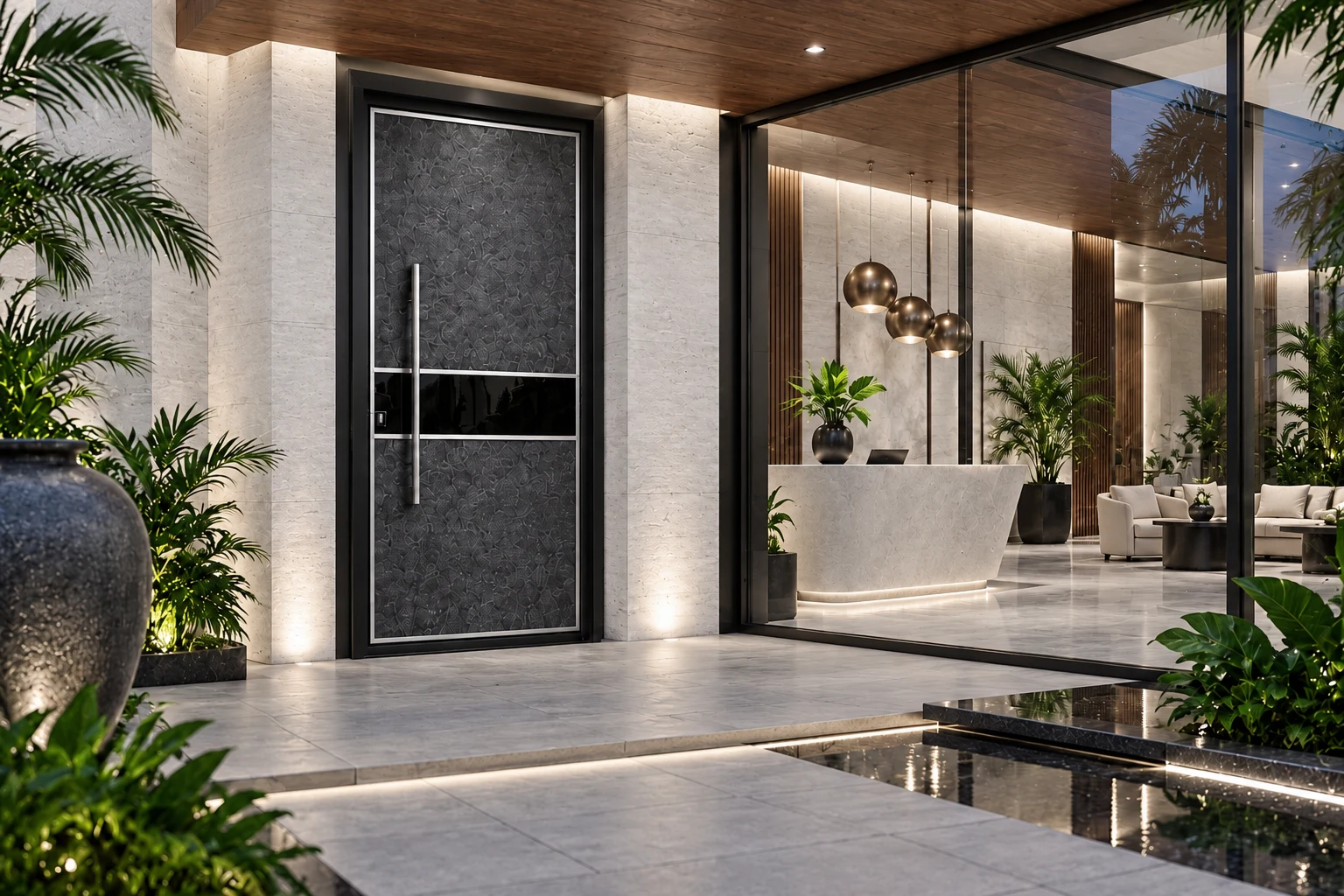 Textured door and contemporary hotel architecture