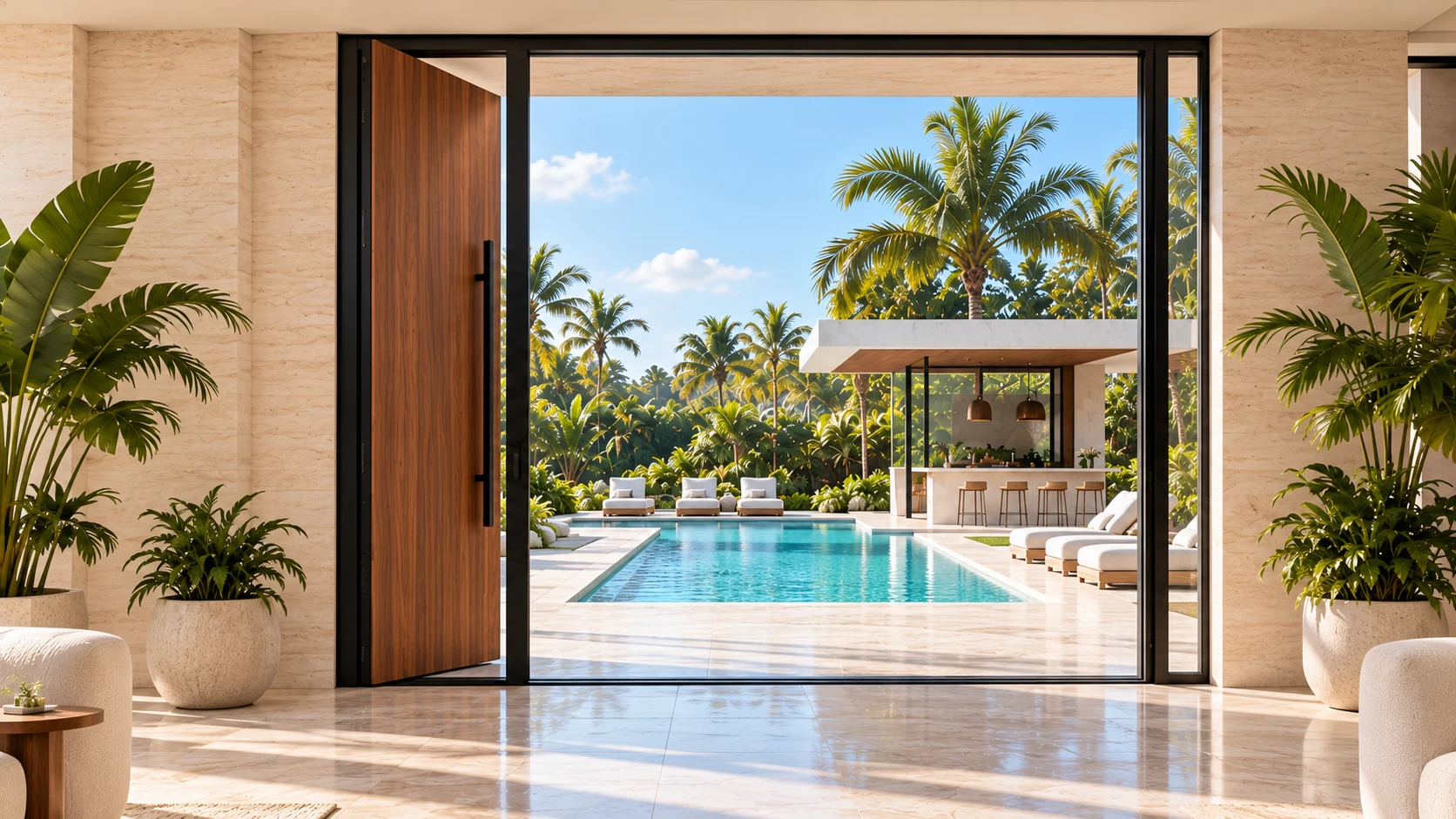 Framed walnut door revealing a swimming pool and outdoor bar